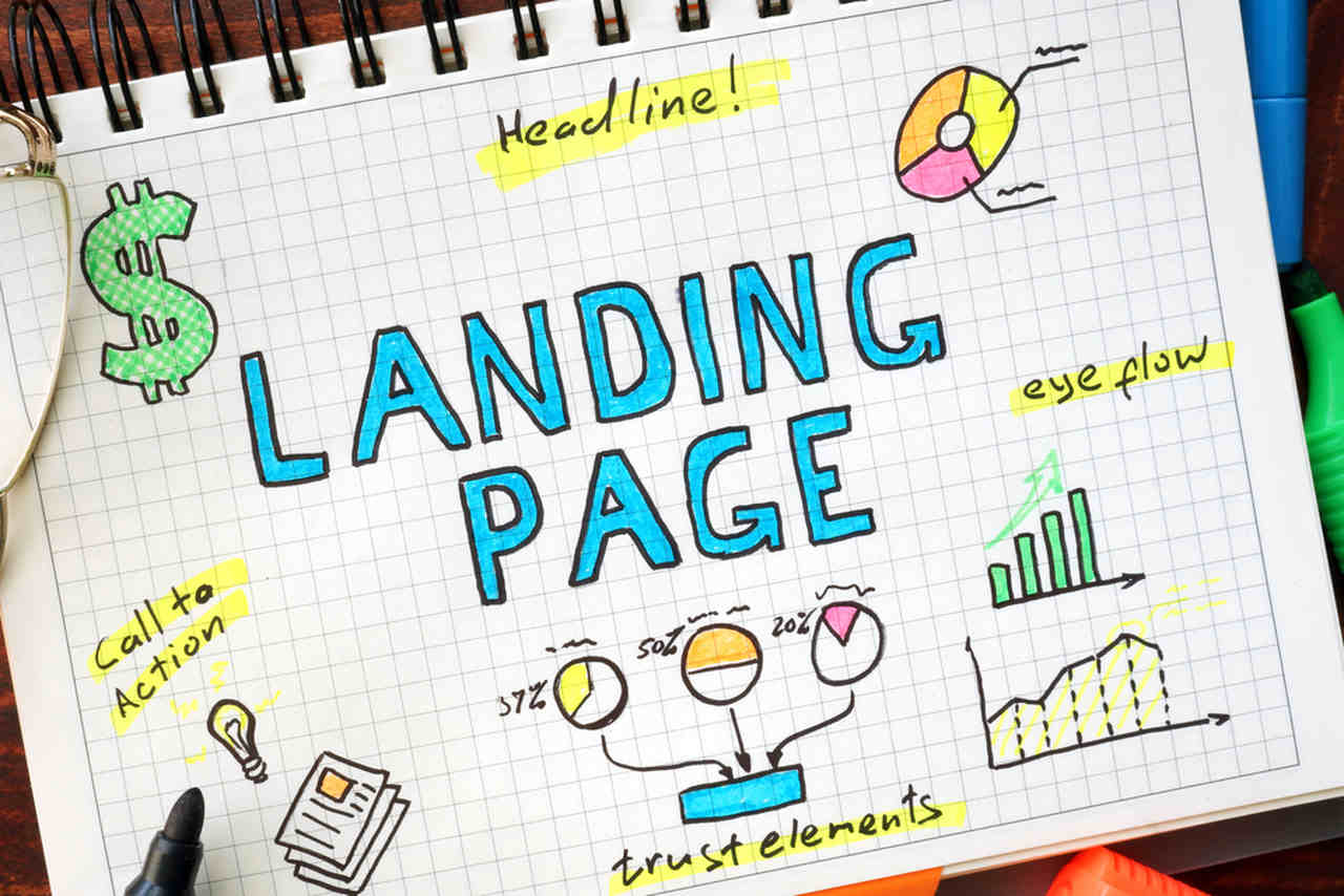 landing page text and icons on paper